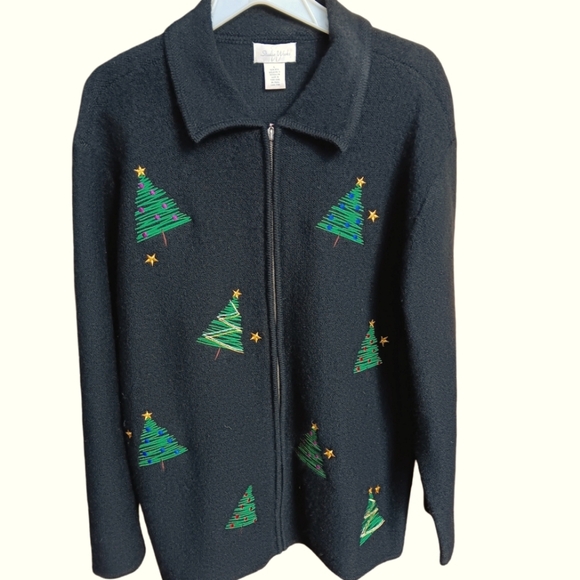 Studio Works Black Wool Christmas tree embroidered cardigan - Picture 1 of 7